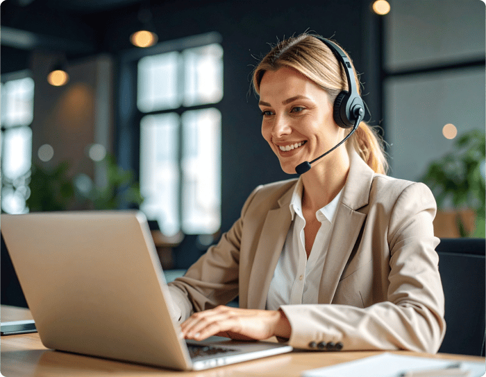 Professional Services friendly lady wearing headset using a laptop Professional Services friendly lady wearing headset using a laptop