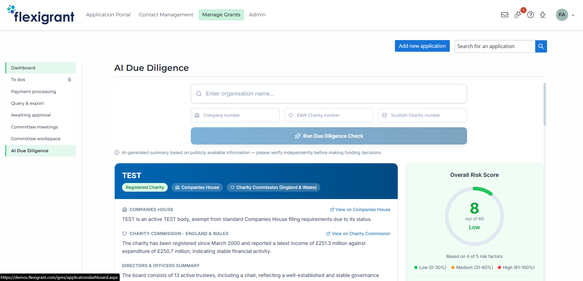 Flexigrant AI Due Diligence Checker search result